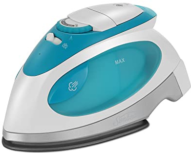 Sunbeam Travel Steam Iron, 1080 Watt, Dual Voltage 120/240, Compact Size, Portable, Non-Stick Soleplate, Soft Touch Handle, Horizontal or Vertical Use, Travel Bag, White and Teal