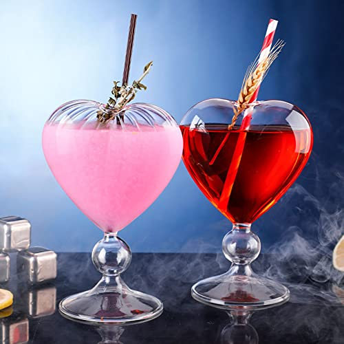 HGUIM Set di 2 bicchieri da cocktail a forma di cuore, 240 ml, bicchieri da vino unici con cannuccia in vetro, bicchieri creativi da Martini, calici in vetro trasparente, per donne, feste, casa, bar