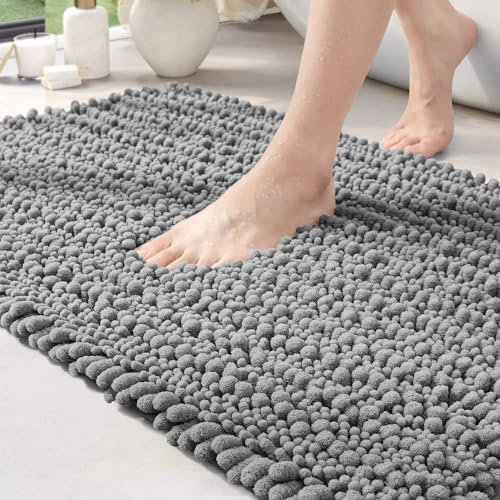 DEXI Badezimmerteppich 40 x 60 cm,Chenille Badematte rutschfest,weicher Badvorleger Maschinenwaschbar,Super absorbierend Badteppich für Badewanne,Dusche und Badezimmer, Grau