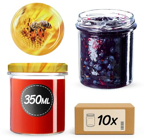 KADAX Syltburkar 350 ml, fi82 mm, konserveringsburkar med skruvlock, honungsburkar, konserveringsburkar för svamp, sylt, honung (10 stycken, bin)