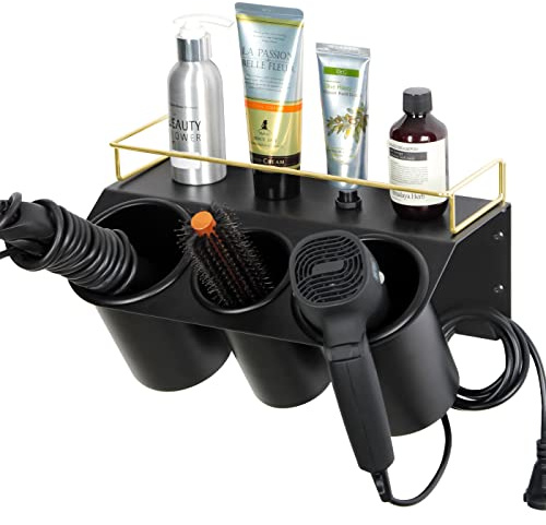 J JACKCUBE DESIGN Hair Dryer Holder Wall Mount Bathroom Vanity Hair Styling Care Tool Accessories 3 Cups Storage Organizer Caddy with Shelf Steel Black Gold- MK1002A (Black)