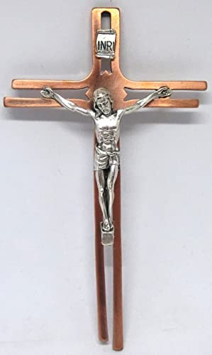 10.852.50 croce crocefisso crocifisso rame con cristo argento e targhetta inri da muro da parete misura 15 cm con scatola plastica trasparente