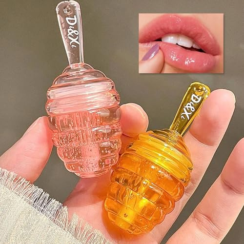 2 PCS Moisturizing Honey Pot Lip Oil Lip Gloss, Natural Honey Sleeping Lip Mask, Lip Balm, Hydrating & Prevention Dry & Cracked Lip Scrubs Exfoliator, Winter Lip Care Products(Peach+Honey)