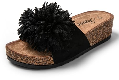 JOMIX Sandales Compensées Femme avec Fleurs Sandales Femme été Talon Tongs Femme Compensé pour Maison Piscine Plage Mer (Noir, 37)