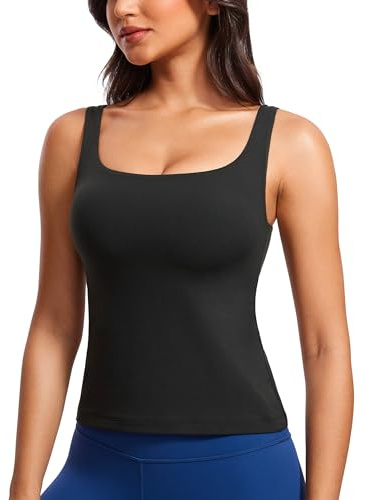 CRZ YOGA Women's Butterluxe Workout Square Neck Tank Tops with Built in Bra Padded Yoga Top Gym Athletic Sleeveless Camisole Black 8