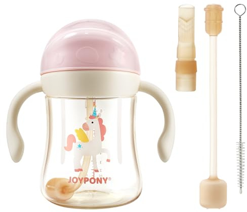 Joypony Sippy Cups for Toddlers 1-3, Spill Proof Weighted Straw Cup with Handle for Baby 6 Months + Old, 2 Silicone Straws, PPSU, BPA Free, 9 oz (Pink)
