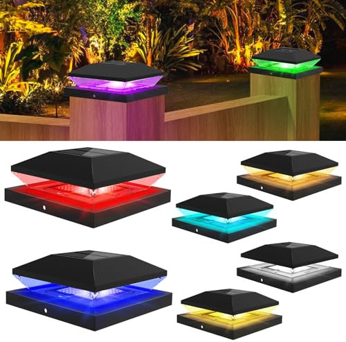 T-SUNUS Pfostenleuchte Solar RGB, Pfostenkappen Solar mit LED IP65 Wasserdicht Pfostenlampen für Zaunpfosten 8 Farben für Hölzerne Zaun Plattform 6 Stück