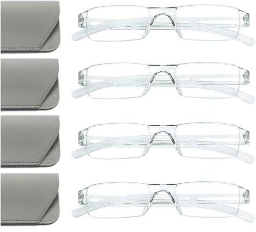 Hubeye 4 pares Gafas de Lectura Sin Montura Mujer Hombre Rectángulo Lector sin marco transparente anteojos anti luz azul con funda de cuero 2.00