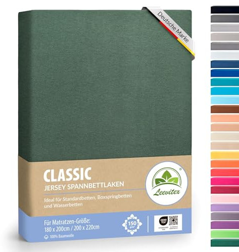 leevitex® Classic Jersey Spannbettlaken 180x200 – 200x220 cm | 150 GSM Baumwolle | Öko-Tex Zertifiziert | für Standard-, Boxspring- und Wasserbetten | 40 cm Steghöhe | 1er Pack | Dunkelgrün