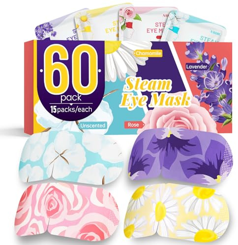 AROIC 60 Pack Steam Eye Masks Disposable, Heated Eye Mask Warm Compress for Eyes, Relaxation Mothers Day Gifts Self Care for Women, Spa Travel Essentials - Lavender, Unscented, Chamomile, Rose