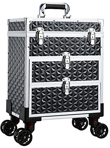 Kosmetik Trolley mit 2 Schublade Kosmetikkoffer Trolley Friseurkoffer mit Rollen Make up Koffer Schminkkoffer Nagelkoffer Abschließbare Beauty Case,Schwarz