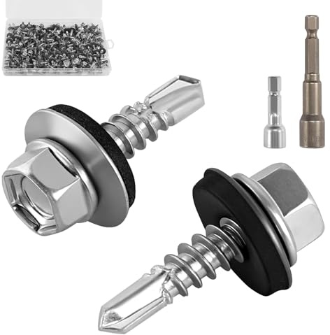 150 stycken självgängande skruvar, 4,8 x 19 mm takskruvar, trapetsplåtskruvar med tätningsskiva, sexkantiga borrskruvar, rostfria plåtskruvar M8-dispenserskruvar med 2 st. sexkantsskruvar
