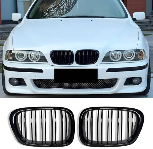 Hengjiayao E39 Riñones Negro Apto para BMW 5 E39 Parrilla Radiadora E39 1999 2000 2001 2002 2003 Parrilla brillante Negro Doble Puente Sport Rejilla delantera (For 5er E39 1999-2003)