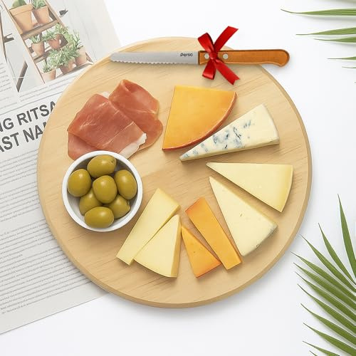Tabla De Cortar De Madera De Abedul Redonda De 23 Cm + Cuchillo Multiusos, Tabla De Cocina Profesional Para Cortar Servir Desayunos O Decorar, Ideal Como Tabla Para Quesos Y Aperitivos