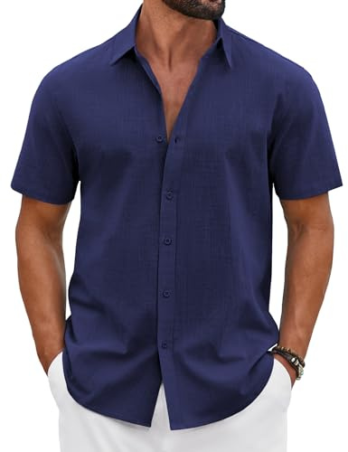 COOFANDY Camisa de hombre de manga corta de algodón para verano, ligera, informal, para vacaciones, botones, corte regular, camisa de playa