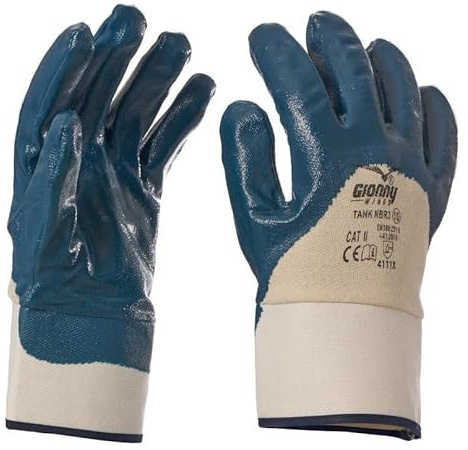 Guanti da lavoro blu/bianco NBR spalmati nitrile con manichetta e dorso areato, resistenti all'abrasione, oli, idrocarburi e agenti chimici con polsino di sicurezza, benzinai, tg. 9/10/11 (10)