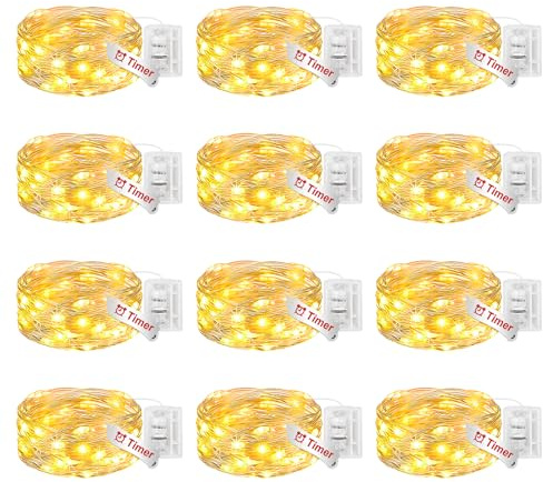 Btfarm Lot de 12 Mini Guirlande Led à Pile avec Minuterie, 2M 20 LED Petite Guirlande Lumineuse avec 8 Modes Étanche pour Interieur Mariage Fête Noël Décoration, Blanc Chaud