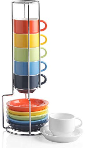 Sweejar Home Juego de 6 tazas y platillos de porcelana para café expreso, apilables, con soporte de metal, 70 ml, para café con leche, café, moca, té, multicolor