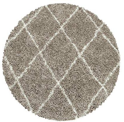 Tappeto rotondo ad alto pelo per soggiorno e camera da letto con motivo a rombi, design moderno, morbido e soffice Misurare: 120 cm Rund Colore: Beige