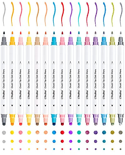 Metallic-Punktschreiber mit Doppelspitze: Ohuhu 15 Farben Metallic-Stifte(feine Spitze und Punktspitze) - Wasserbasierte Tintenpunktstifte für Scrapbooking, Journaling, Fotoalbum, Kartenherstellung