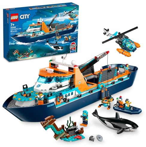 LEGO City Arctic Explorer Ship 60368 byggleksaksset, rolig leksak present för 7-åriga pojkar och flickor, med en flytande båt, helikopter, gummibåt, ROV Sub,