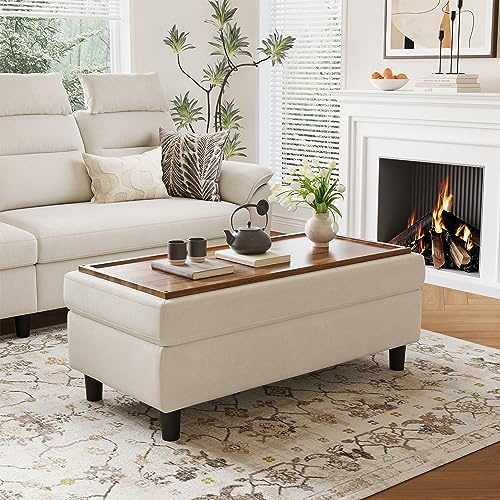 LINSY HOME 46 Inches Wide Storage Ottoman Bench, Linen Coffee Table Folding Long Shoes Bench Footstool, Storage Chest, Foot Rest Stool, for The Living Room, Entryway and Family Room, Beige