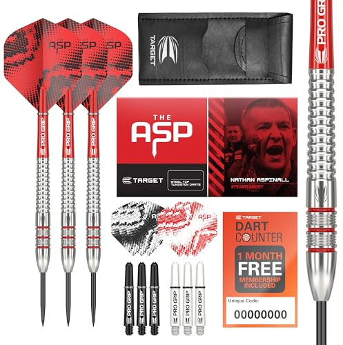 Target Darts Nathan Aspinall 22G Tungsten Steeldart Set - 9 Pro Grip Shafts - 9 Pro Ultra Flights - Darttasche, Dart Zubehör, Wolfram Dart Satz