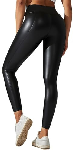 Lederleggings Damen, Leggings Für Damen Leggings Damen High Waist Leggings Sexy Fitness Leggings Kostüm Damen Leggings Lederhose Leder Lederoptik Glitzer Gym Yoga Leggings Damen(Schwarz,S)