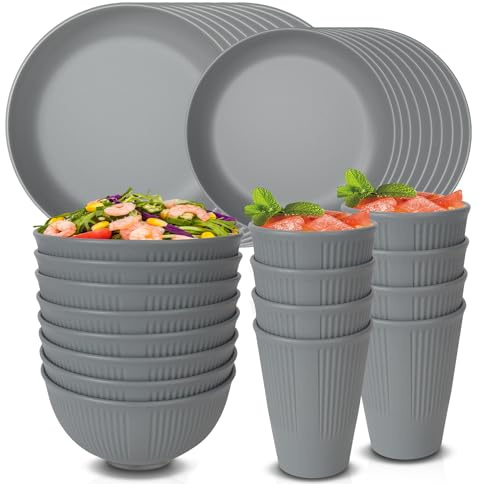 Okrossbart servisset för 8 personer – plastplattor, skålar, koppar, mikrovågsugn diskmaskinssäker porslin, camping, picknick, hemmafest, 16 tallrikar, 8 skålar, 8 koppar, grå