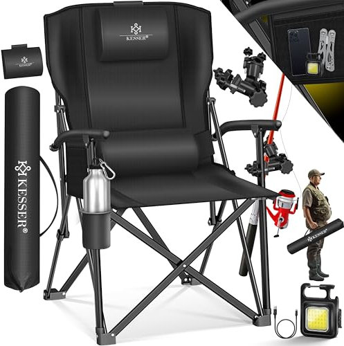 KESSER® Campingstuhl faltbar bis 160 kg | Angelstuhl Faltstuhl Klappstuhl Gepolstert mit Armlehnen | Campinglicht und Getränkehalter + Tasche mit hoher Rückenlehne | Strandstuhl mit Angelhalterung