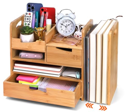 ZOOFOX Bamboo Desk Organizer with Adjustable File Holder, Mail Organizer Countertop with Drawer, 4-Tier Desktop Organization and Desk Accessories for Home Office School Supplies, No Assembly Required
