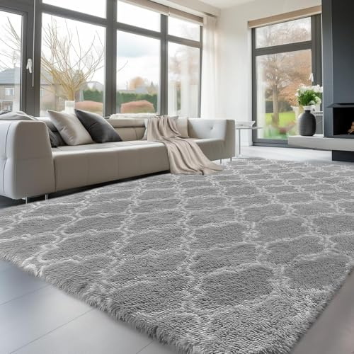 Treeboy Modern Grey Area Rug 140x200cm - Washable Anti-Slip Extra Large Shaggy Soft Carpet Mat for Living Room, Bedroom, Kids - Fluffy Floor Mat