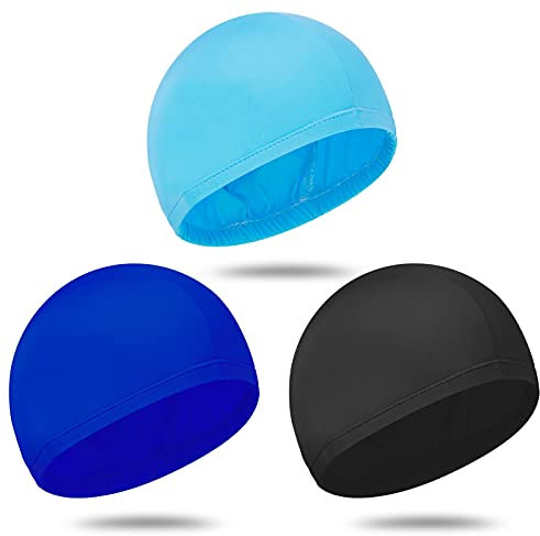 Halinuia 3-teiliges Badekappen-Set für Kinder und Erwachsene, elastische Badekappe aus weichem Polyestergewebe (Schwarz, Marineblau, Seeblau)