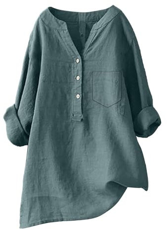 Chemise Lin Femme Chemisier Coton Et Lin pour Femmes Col en V Bouton Manches Longues Tops Couleur Unie Lâche Respirant Pas Cher T-Shirts Grande Taille Casual Tunique Blouse Décontracté