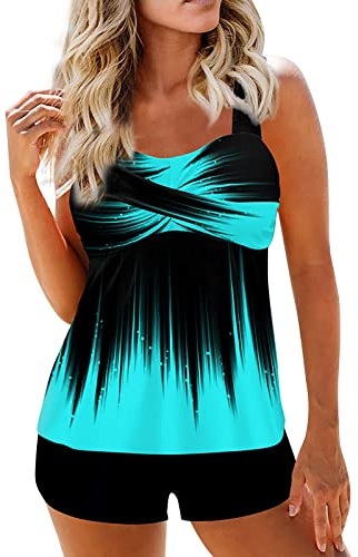 Tankini Maillot De Bain Femme 2 Pieces Taille Haute Tankini Grande Taille Ronde Amincissant Maillot De Bain Shorty Ensemble Push Up Bikini D'été Marque Pas Cher Beachwear(Bleu,XXL)