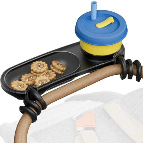 Universal Snack Tray for Stroller, Cup Holder Tray with Flexible Silicone Arm Gripper, Stays in Place Tray Attachment for Toddler & Kids, Snacking On The Go, Stroller Travel Accessories, Universal Fit