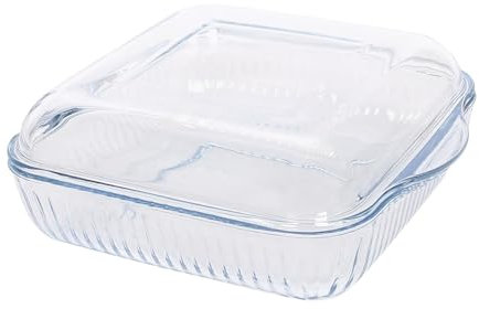 Argon Tableware Optical Square Glass Oven Dish with Lid - 24cm x 21cm - 1x Large Deep Baking Casserole Lasagne Roasting Roaster Cooking Tray Bowl | Microwave Safe, Freezer Safe