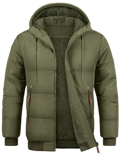 Voqeen Mens Winter Jackets Fleece Lined Thermal Padded Puffer Coat with Hood Water Repellent Thick Parka Jackets Outdoor