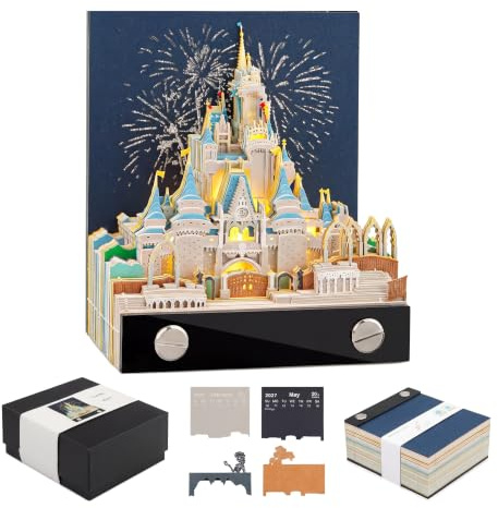 2026 3D Tear Off Calendario de Mesa Castle, 3D Castle Creative Notas de Bricolaje, Bloc Notas 3D con Luz, Calendario Semanal 3D Bloc Notas, Escultura de Papel Creativa