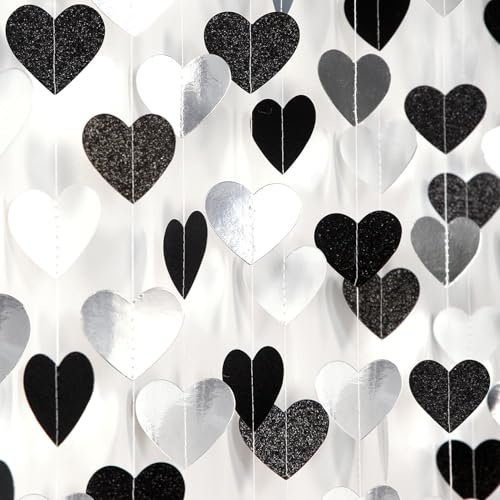 Guirlande en Papier Cœur Noir Argent 52 Pieds, Lot de 4 Bannière Suspendue pour Décoration Mariage DIY, Fiançailles, Anniversaire, Déco de Salle, Enterrement Vie Jeune Fille,Déco de Fête Élégante(16m)
