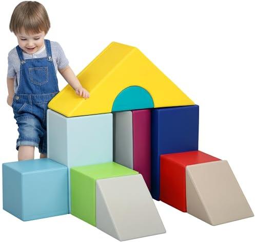 HOMCOM Set di 11 Costruzioni Morbide per Bambini da 1-3 Anni, Set da Gioco Blocchi Morbidi in Schiuma e PU per Bambini, Giocattoli per Arrampicata per Soggiorno, Cameretta e Asilo Nido, Multicolore 1