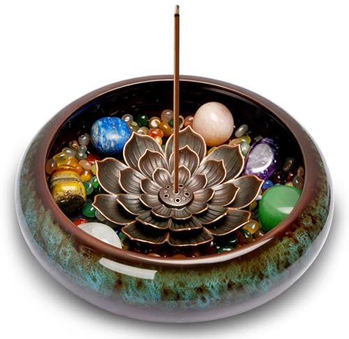 Lermende Bruciatore Incenso in Ceramica: Porta incenso con design loto rimovibile con Bruciatore per Incenso con Pietre dei Chakra e Coperchio in Metallo, Bruciatore per Incenso per La Meditazione.