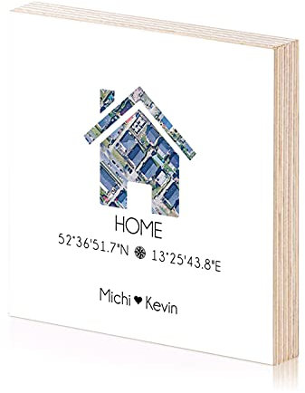 home Holzbild mit personalisierte Koordinaten und Namen als Einweihungsgeschenk zum hinstellen aufhängen als Geschenk-Idee zum Hausbau Richtfest Einzug Wand-Bild