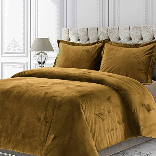 Tribeca Living Velvet Duvet Cover Queen Oversized 3 Piece Set with 2 Shams, 260-GSM Luxury Plush Velvet Duvet Cover with Microfiber Reverse in Venice Camel Color
