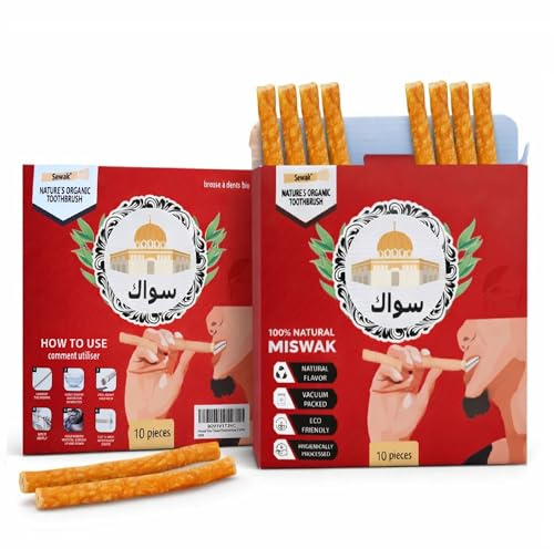 Miswak Sticks for Teeth | Sewak Natural Toothbrush | Siwak Organic Wooden Tooth Brush Oral Teeth Whitener with Holder | Vacuum Sealed (10 Pack)