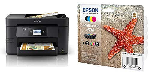Epson WorkForce WF-3820 All-in-One Wireless Colour Printer with Scanner, Copier, Fax, Ethernet, Wi-Fi Direct and ADF, Black 603 Starfish Genuine Multipack, 4-Colours Ink Cartridges