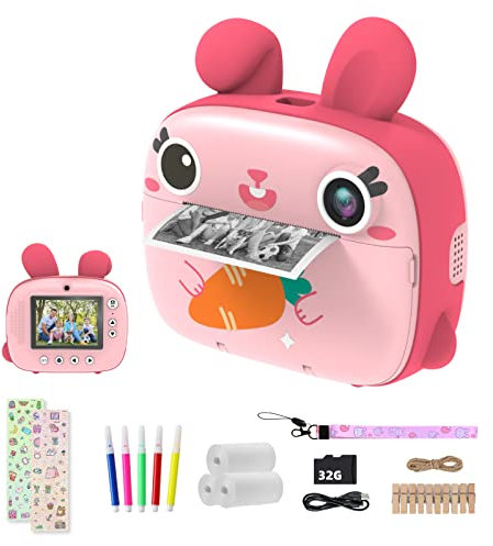 Kinderkamera Sofortbildkamera, CAMCLID Kamera Kinder mit 3 Rollen Thermopapier & 32GB Karte,DigitalKamera & VideoKamera mit 2,4 Bildschirm,Fotokamera Sofortbilder Geschenk für Mädchen Jungen (Rosa)