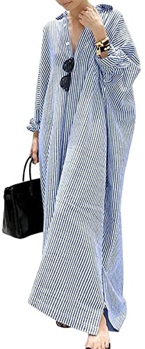 utcoco Womens Striped Long Sleeve Dress Casual Loose Button Down Cotton Maxi Shirt Dress, Blue, M