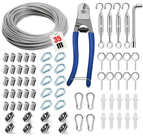 Angooni Kit de 74 Cables de Acero - 35 m de Alambre Inoxidable de 3 mm, Tensor de Cuerda de Acero Inoxidable 304 - Kit de Ayuda para Plantas Trepadoras y Cortinas