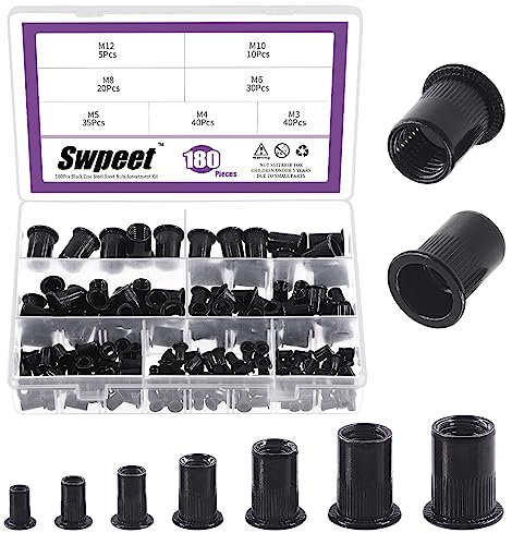 Swpeet Kit de 180 tuercas de remache métricas de 7 tamaños, M3 M4 M5 M6 M8 M10 M12, tuercas de remache métricas de acero al carbono chapado en zinc negro, surtido de tuercas de inserción roscadas de